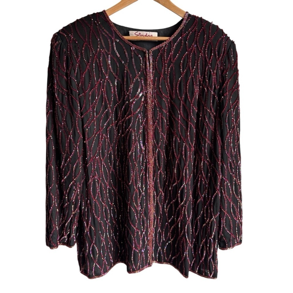 Vintage Sequin Evening Jacket Sz 1X Black Red Cocktail Party Sparkle Event EUC